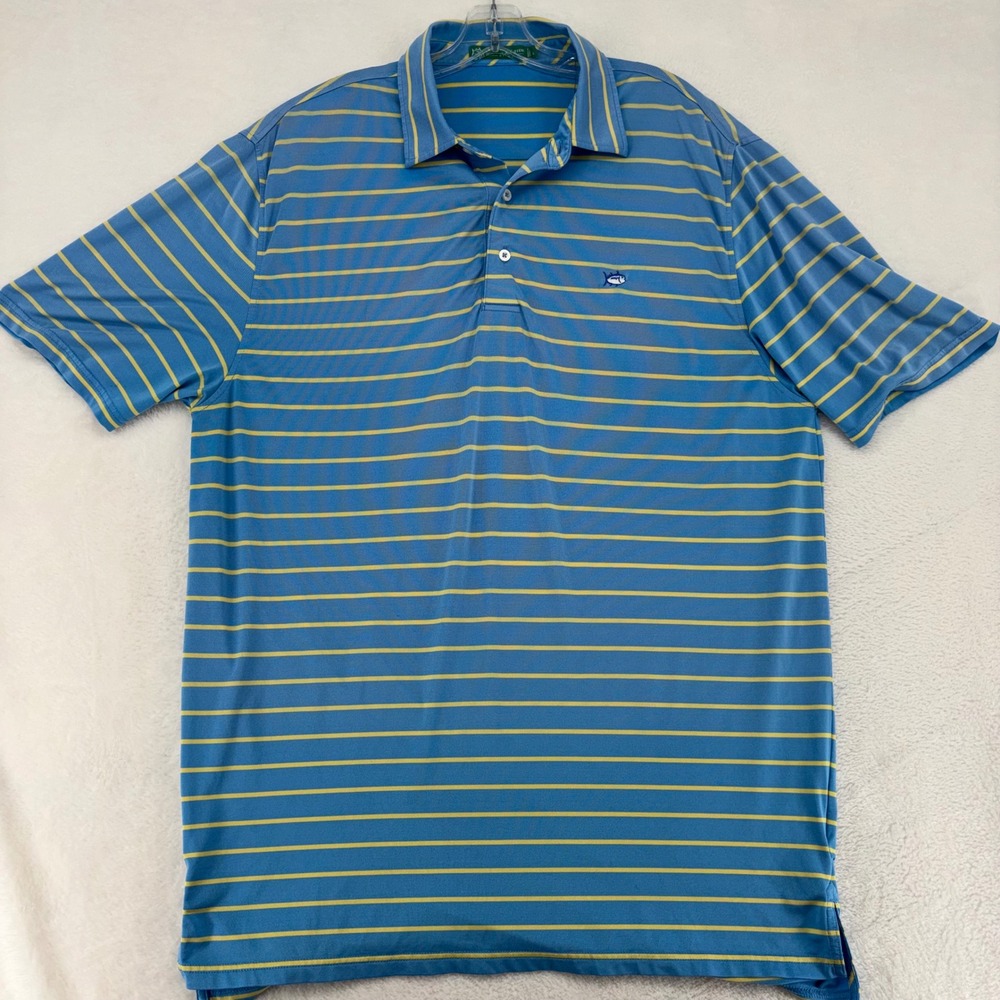 Southern Tide Club Mens Large Blue Yellow Striped Performance Polo Shirt L